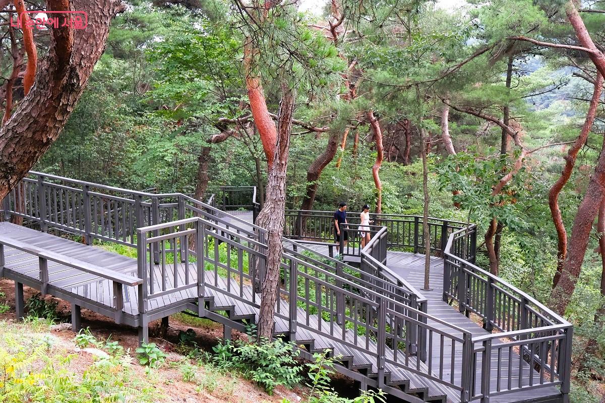팔각정 아래 남산 숲 속 데크길에서 시민들이 산책하며 건강을 다지고 있다. ©이봉덕