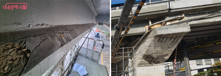 서소문고가는 철근 노출, 콘크리트 탈락 등 안전 문제가 심각한 상황이다. 
