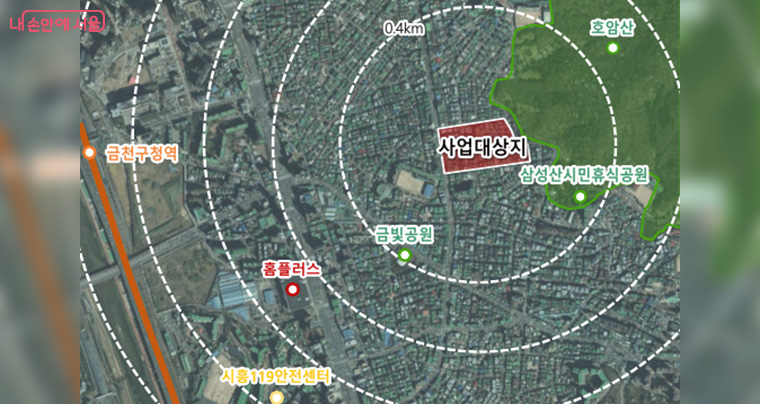 금천구 시흥동 817번지 일대 모아타운 내 위치
