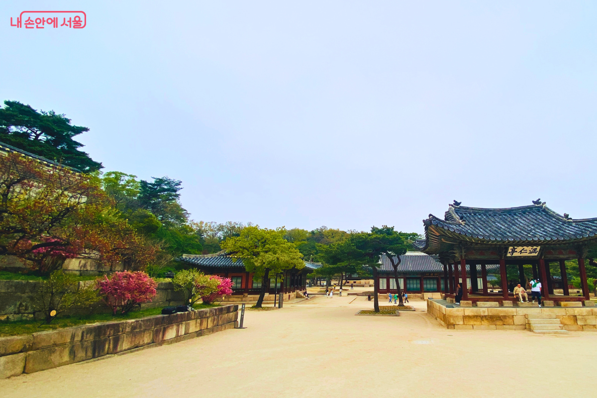 넓은 마당 한편에 자리한 육각 정자 ‘함인정’과 그 뒤편에 보이는 경춘전과 환경전 ©양정화