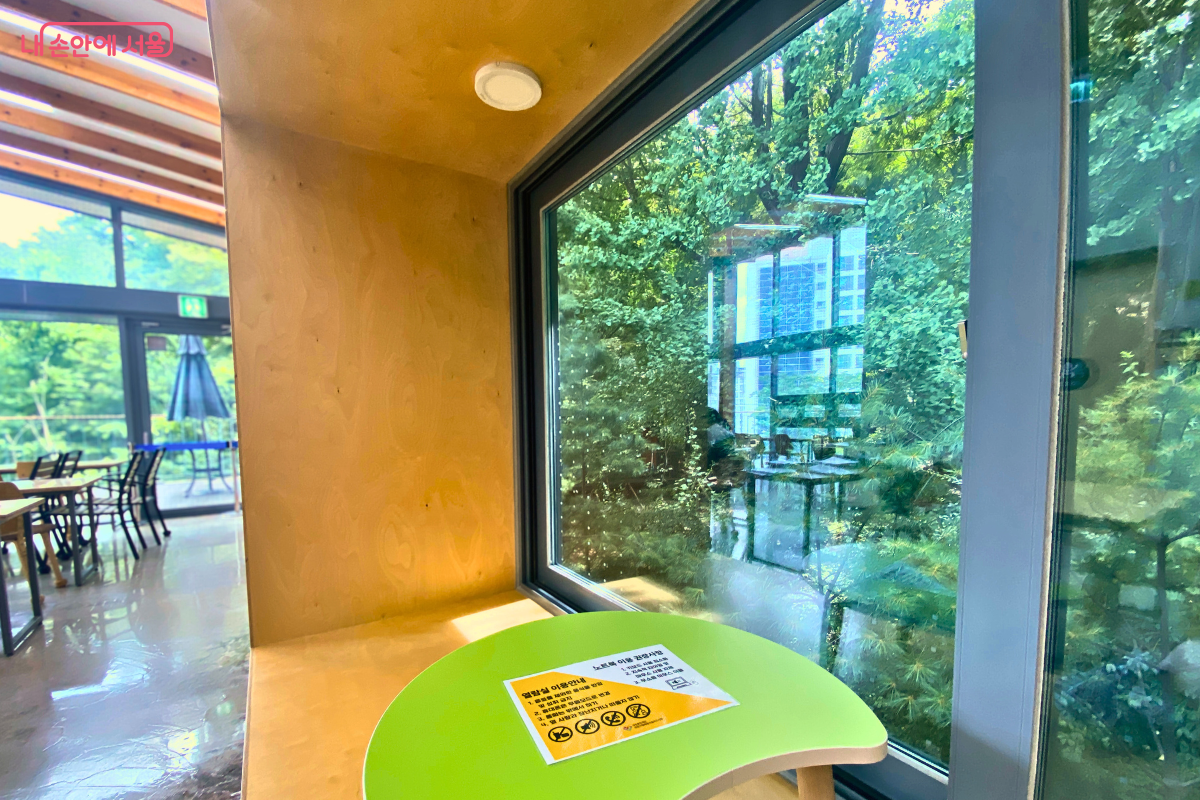 창밖 숲 풍경과 함께하는 매봉산숲속도서관 창가 좌석 ©양정화