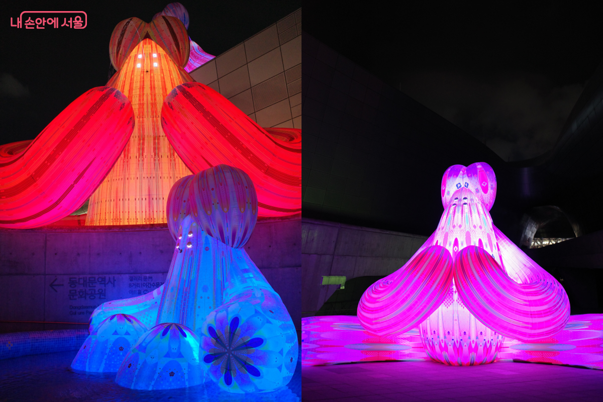 DDP 외벽 공중에서 물을 뿜는 'Pool Teacher' 작품 ©김미선