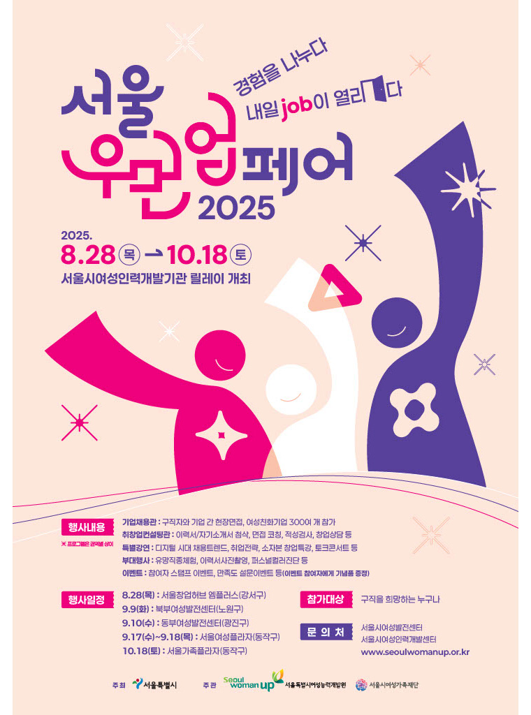 여성일자리 취업박람회인 ‘2025년 서울우먼업 페어’가 8월 28일부터 한 달간 5개 권역에서 릴레이로 열린다.