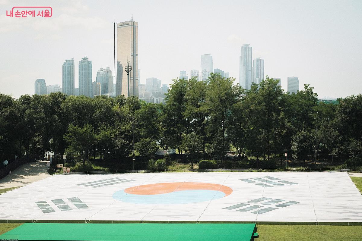 잔디마당에서는 가로 40m, 세로 27m의 초대형 태극기 작품을 만나볼 수 있다. ©김아름