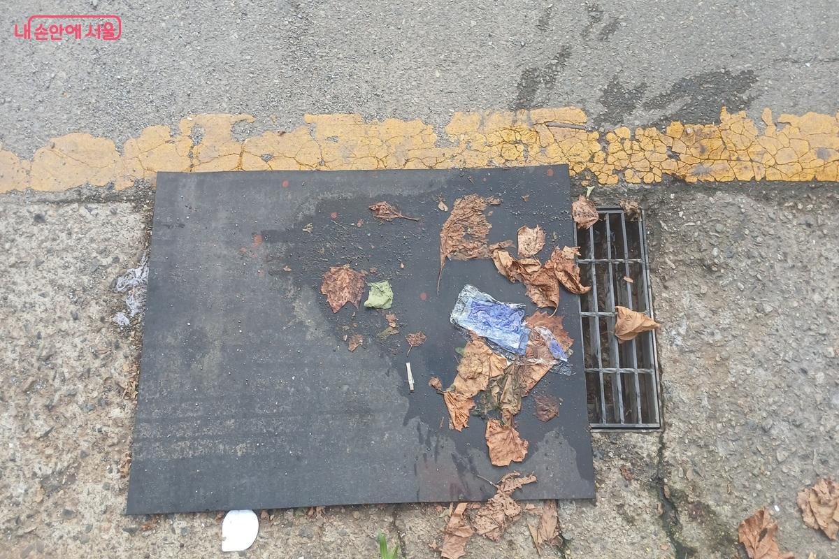 악취 때문에 덮개로 막은 빗물받이. 폭우가 온다면 배수가 잘 안 될 듯하다. ©유지민