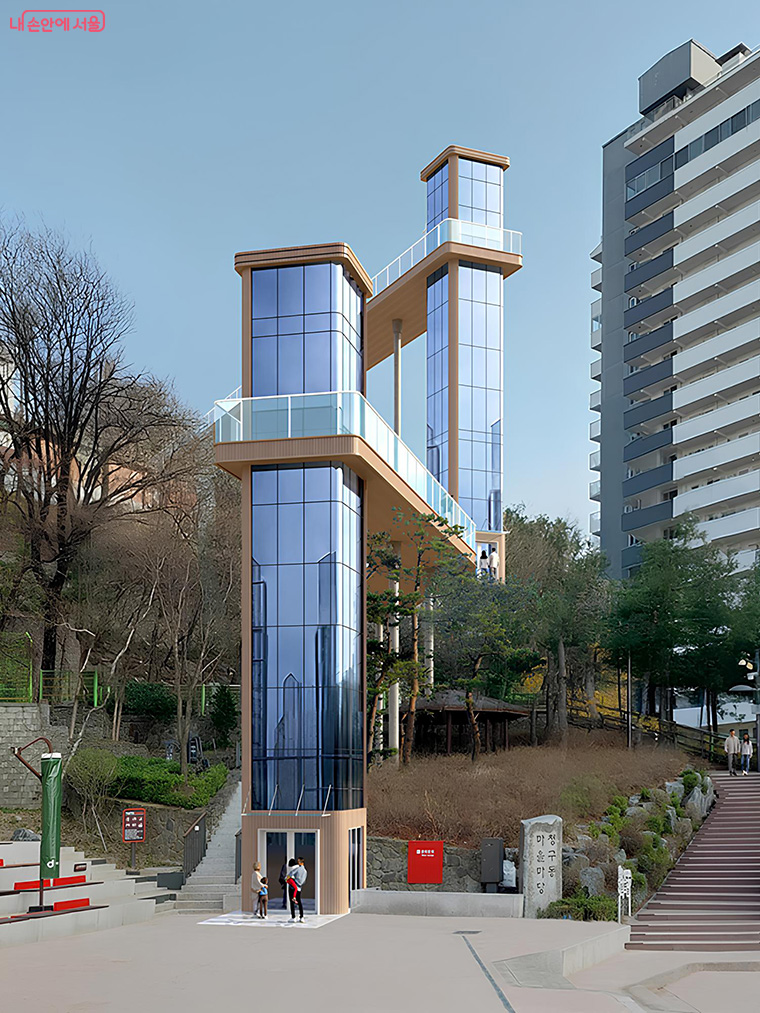 서울시가 보행편의 개선을 위해 고지대 계단 100곳에 엘리베이터 등을 설치한다. 중구 신당동 대상지(예상도)