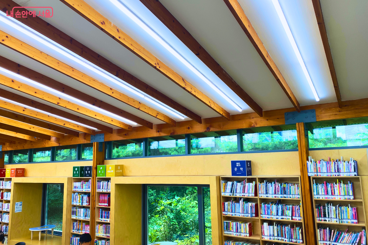 주제별 서가와 숲 풍경이 어우러진 매봉산숲속도서관 내부 ©양정화
