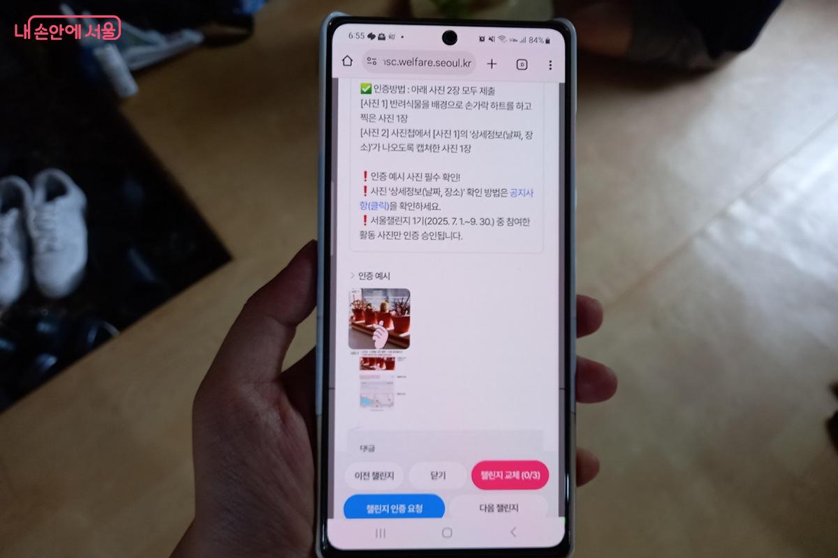 반려식물 자랑하기 미션을 확인하고 있다. ©박미선
