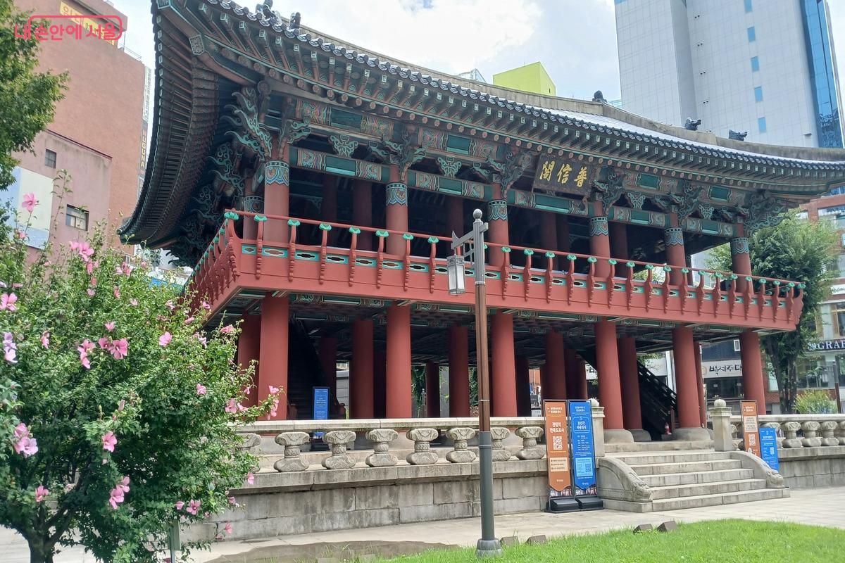 측면에서 찍은 보신각의 모습. 무궁화가 함께 찍혔다. &copy;유지민