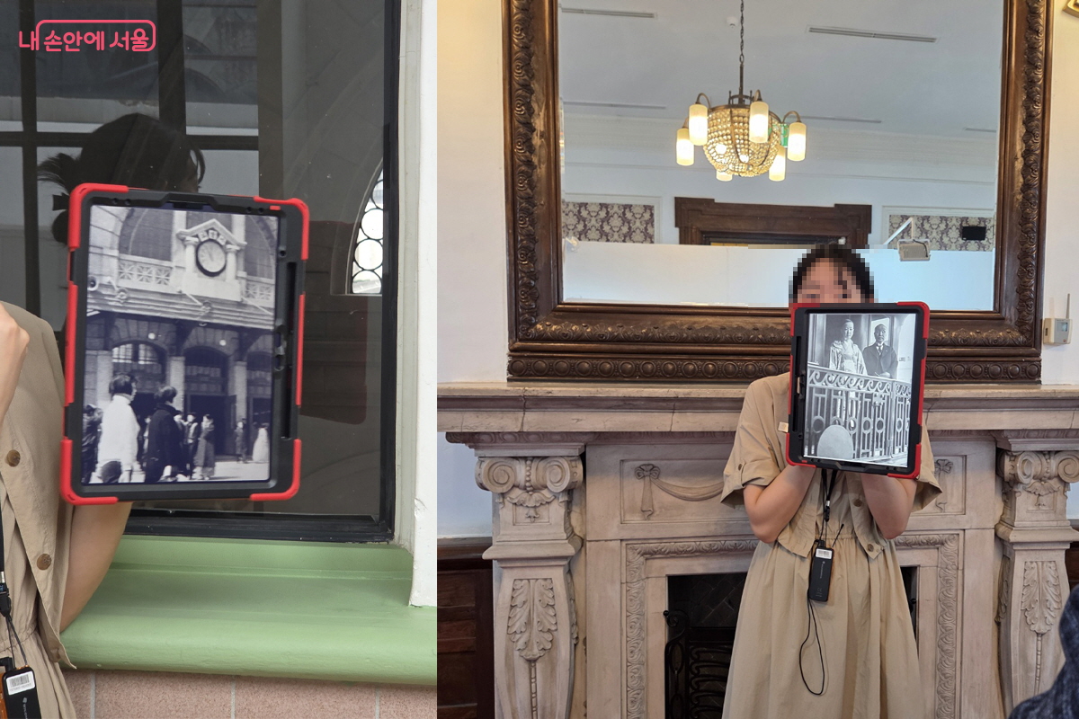 덕혜옹주 사진과 경성역 앞 이용자들 모습이 담긴 옛 사진 자료 해설을 듣고 있다. ©장미화