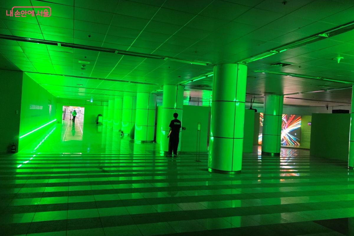 초록빛의 몽환적인 공간에서의 전시는 흥미로웠다. &copy;김미선
