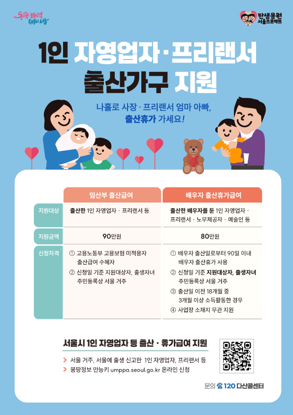 서울시가 고용보험 사각지대에 놓인 1인 자영업자‧프리랜서 출산가구 지원을 전국 최초로 추진한다.