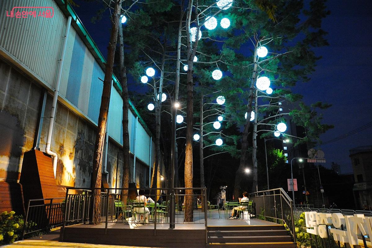 야간에는 쉼터를 에워싼 소나무에 조명이 불을 밝힌다. &copy;조수봉
