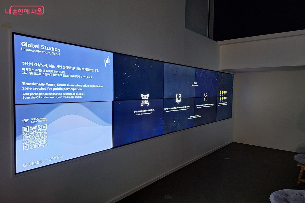 '글로벌 스튜디오 전시'는 '당신의 감성도시 서울'이라는 주제로 시민들이 건축 외관(파사드)을 보고 느낀 감정을 AI로 시각화하는 인터랙티브 미디어 전시이다.