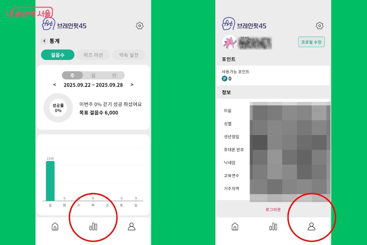 메인화면 하단에서 통계치와 개인 설정 등을 확인할 수 있다.©브레인핏45