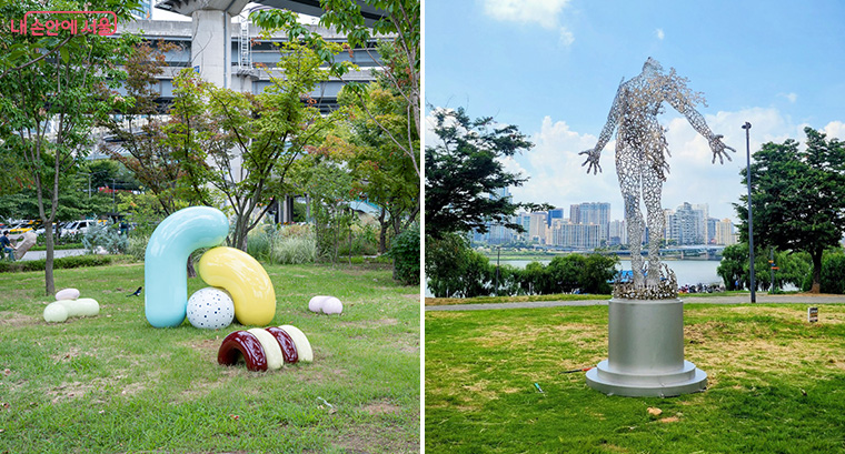 뚝섬한강공원에서 서울조각상 진출작 14점을 만나볼 수 있다. 양진옥의 <포옹>과 이성구의 <솔라리스-우화>
