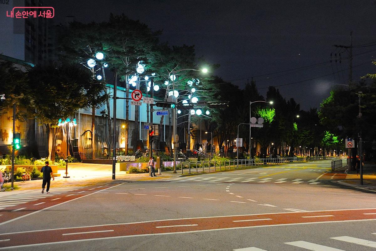 평소 어둡던 도로가 정원 조성으로 야간에도 밝고 편하게 바뀌었다. &copy;조수봉