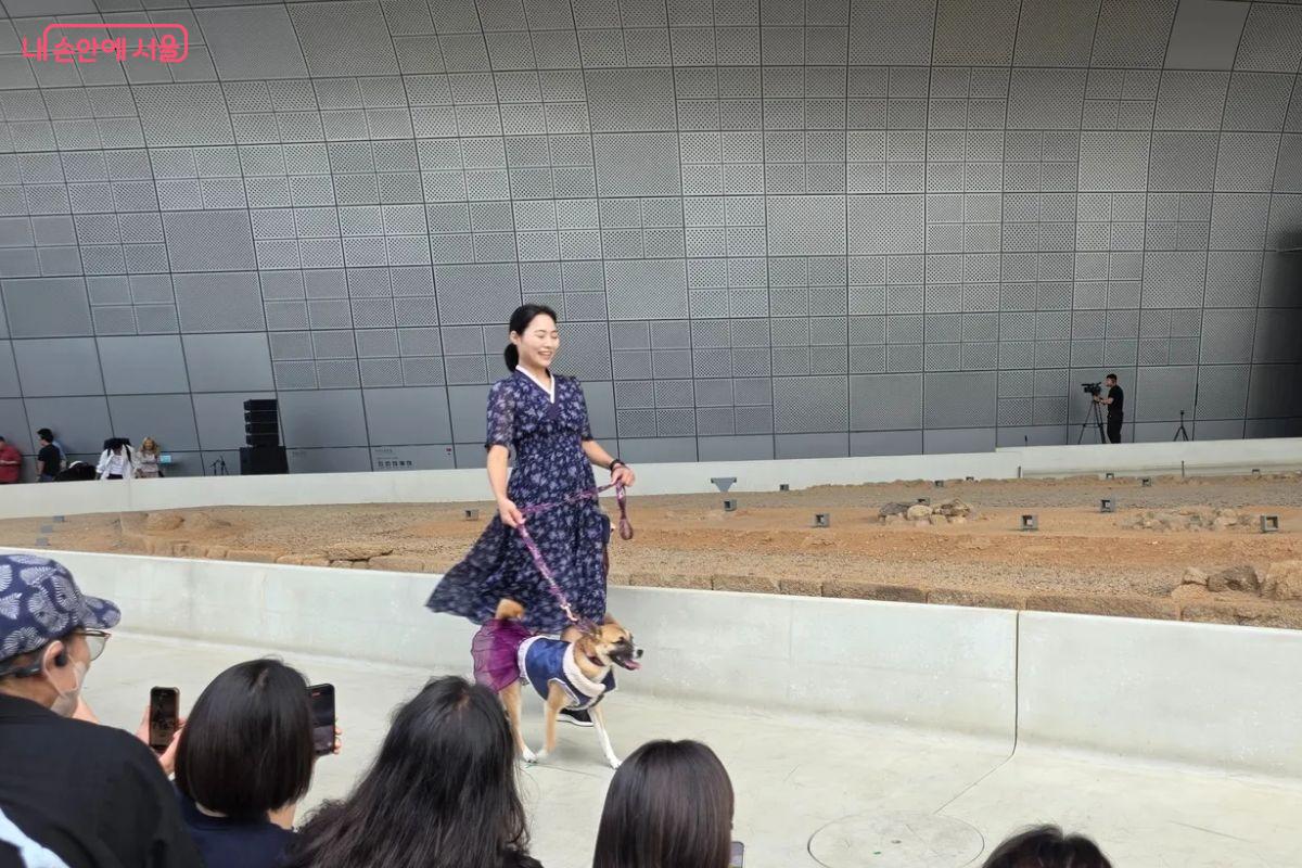 퓨전 한복으로 멋을 낸 견주와 반려견이 커플룩을 뽐내며 걷고 있다. &copy;김민지