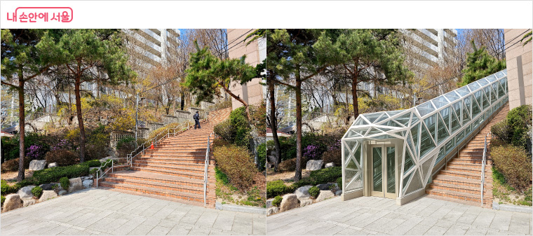 1단계 설치대상지 5곳 중 ‘종로구 숭인동(창신역 일대)’ 경사형 엘리베이터(현재→설치 후 예상도)