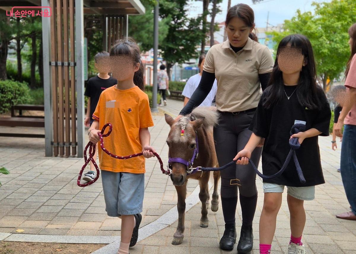 말과 함께 안전하게 걷기 체험을 해본다. ©조성희