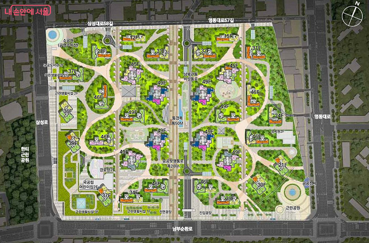 은마아파트 배치도. 공영주차장, 개방형 공공도서관, 국공립어린이집, 공원 등이 함께 조성될 예정이다.
