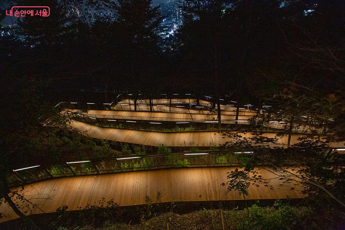 야간에 데크길 옆으로 낮게 설치된 경관 조명. 숲의 신비로운 분위기를 해치지 않으면서 발밑을 안전하게 비춘다. &copy;황재천