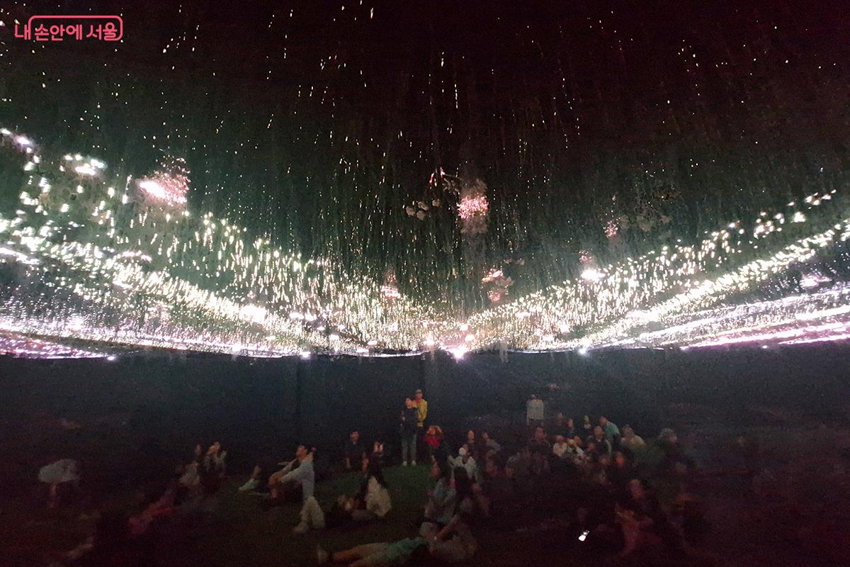 움직이는 레이저와 거꾸로 매달린 풀밭같은 조형물들은 공중에 떠있는 거대한 초원을 만들어낸다.