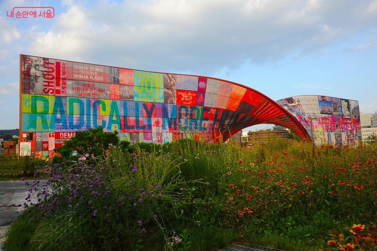 열린송현녹지광장의 가을꽃들과 어울린 ‘휴머나이즈 월’ ⓒ조수봉