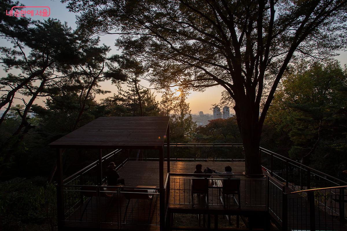 어둠이 내린 후, 쉼터 난간 너머로 보이는 도심 야경. 반짝이는 서울의 빌딩 불빛들이 남산의 고요함과 대비되어 장관을 이룬다. &copy;황재천 