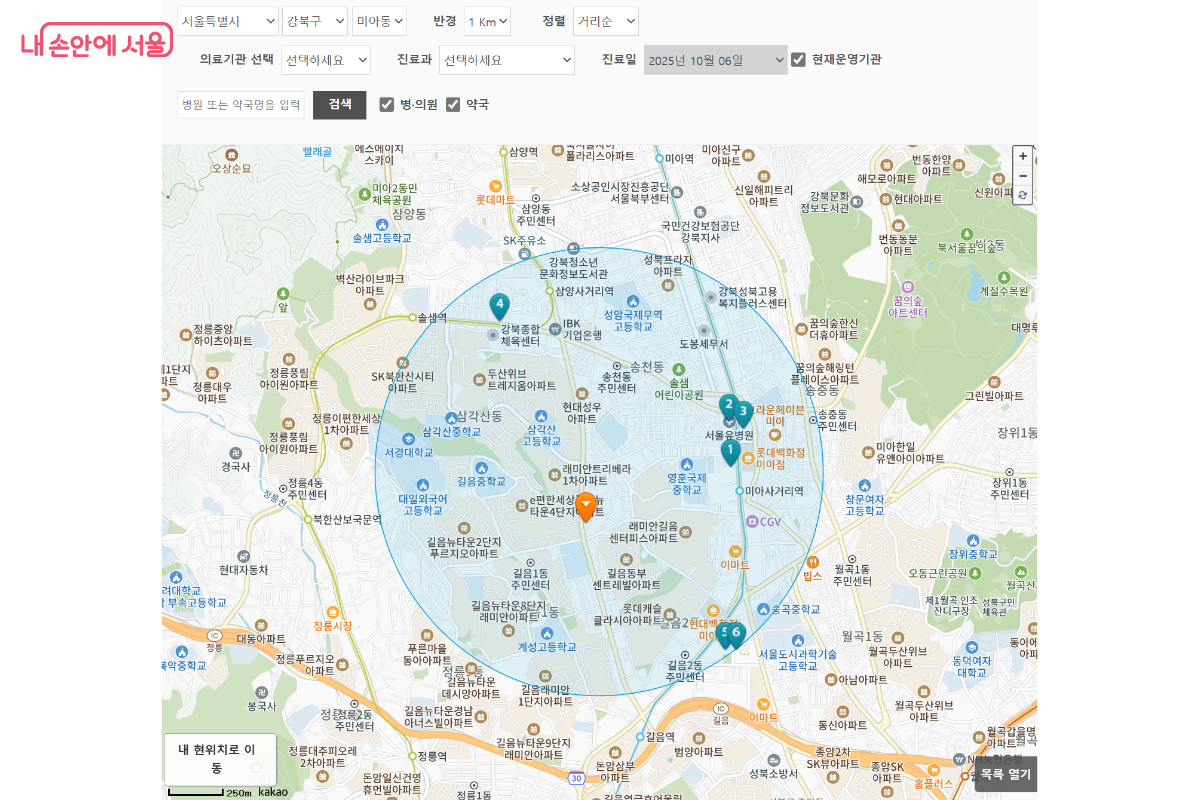위치 기반으로 지도 기능을 통해 가까운 병의원을 찾을 수 있다. ©응급의료포털