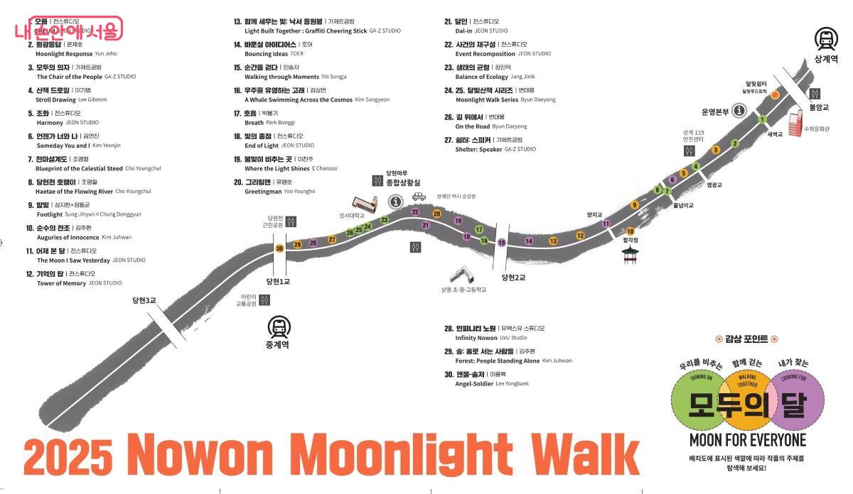 노원달빛산책 작품은 상계역 수학문화관부터 중계역 당현1교까지 2km 구간에 전시되어 있다. ©노원문화재단