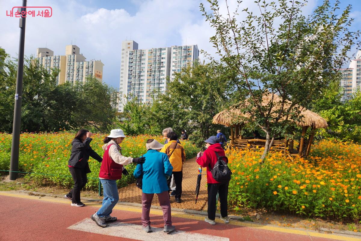 '북부런'에 참가한 어르신과 주민들이 걷다가 꽃밭을 바라보며 감탄하고 있다. ⓒ윤혜숙