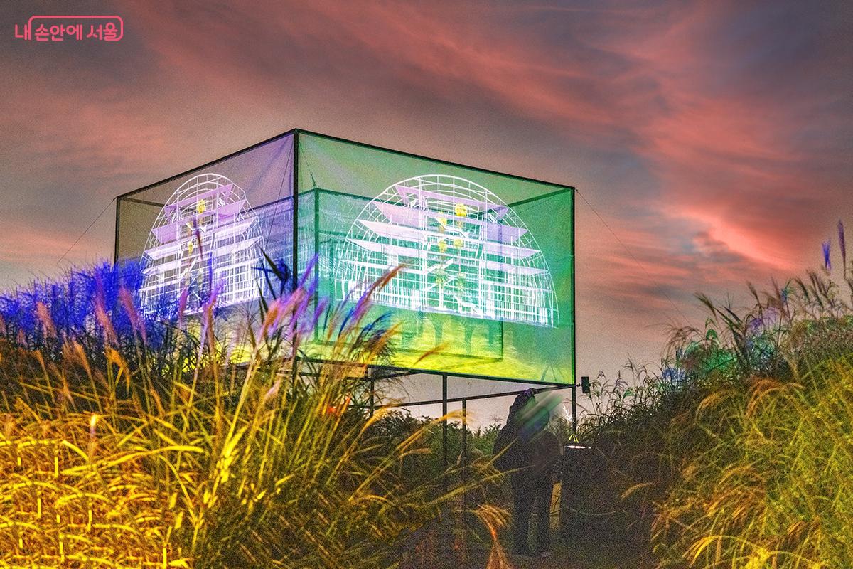 억새밭 한가운데 설치된 대형 미디어 전시물 ‘버추얼 파빌리온’이 가을 하늘 아래 환상적인 빛을 쏘아 올린다.ⓒ장신자
