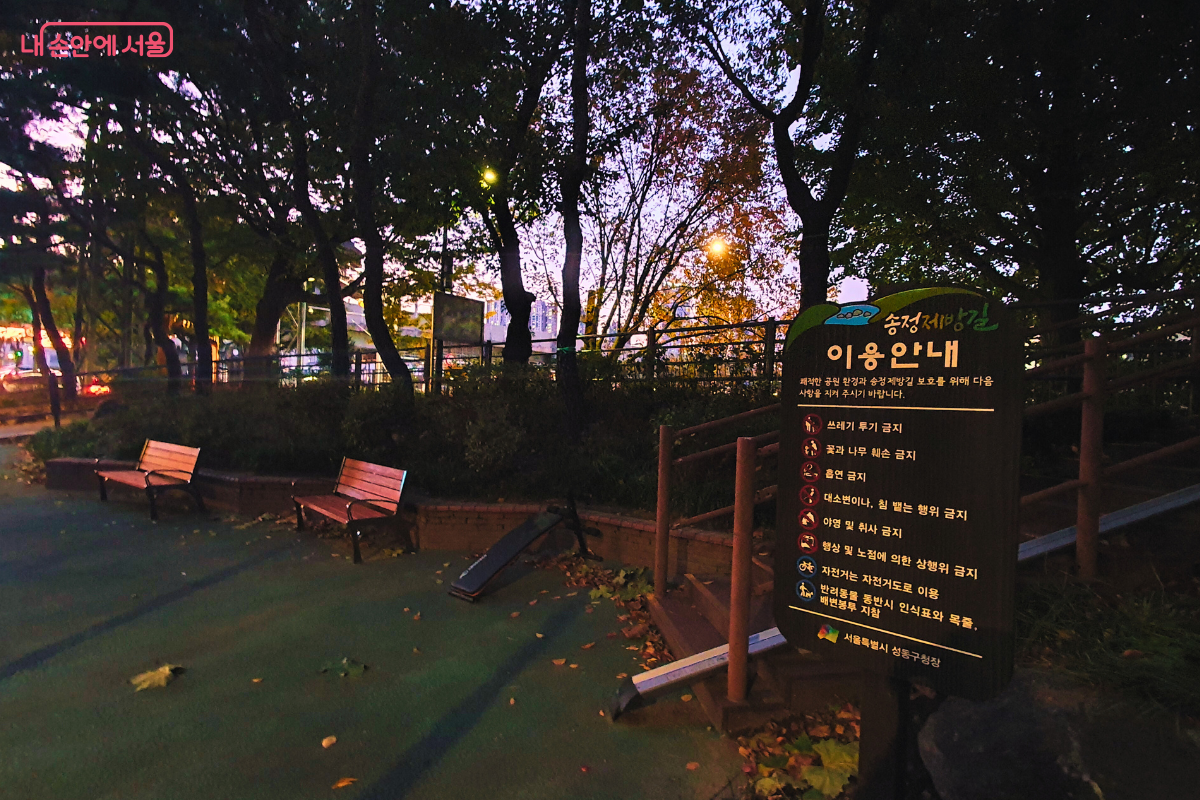 성동교 사거리 인근에 위치한 송정제방길 산책로의 시작 지점. 해가 진 뒤 조명이 켜진 산책로 입구에 '송정제방길 이용안내' 표지판이 서 있어, 방문객들에게 금지 사항과 준수 사항을 안내하고 있다. ©양정화