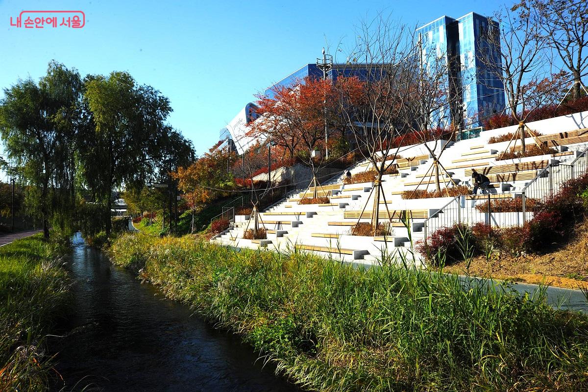 글샘작은공원과 천변을 잇는 계단 겸 스탠드를 설치해 장지천으로의 접근성을 높였다. ⓒ조수봉