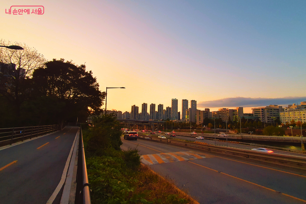 송정제방길 산책로에서 바라본 해가 막 저문 뒤의 도심 풍경. 붉은 노을빛이 남아있는 하늘 아래로 아파트와 빌딩 숲의 조명이 켜지기 시작하며, 동부간선도로에는 차량 불빛이 이어져 아름다운 야경을 만들어낸다. ©양정화