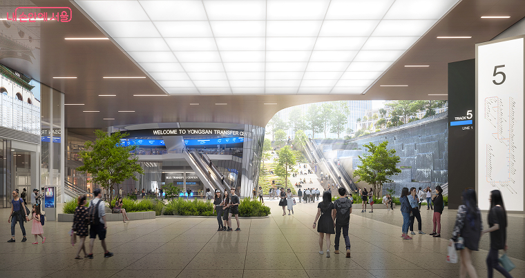 용산역 지하에서 랜드마크 부지(환승센터) 연결부 투시도