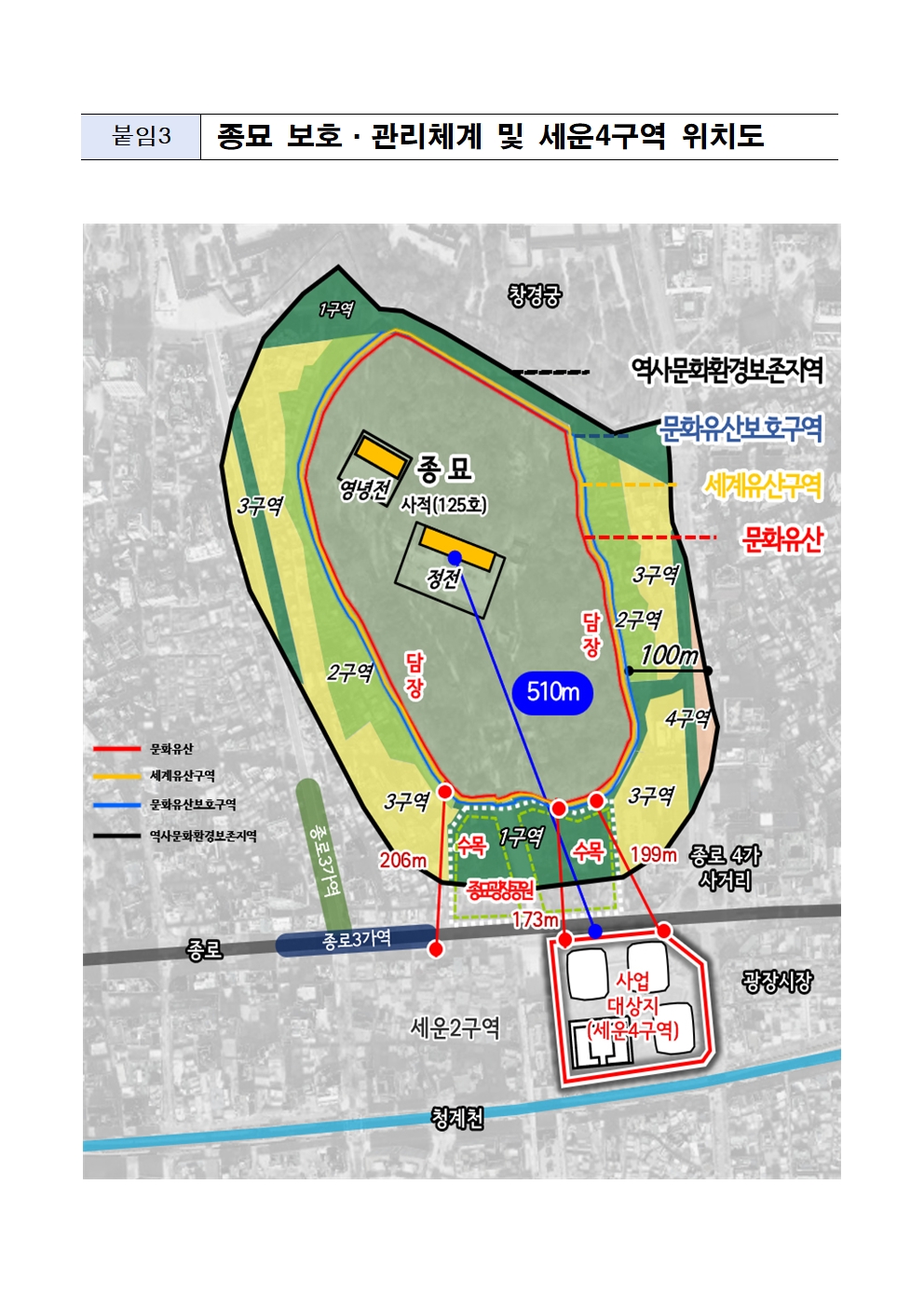 종묘 보호 관리체계 및 세운 4구역 위치도