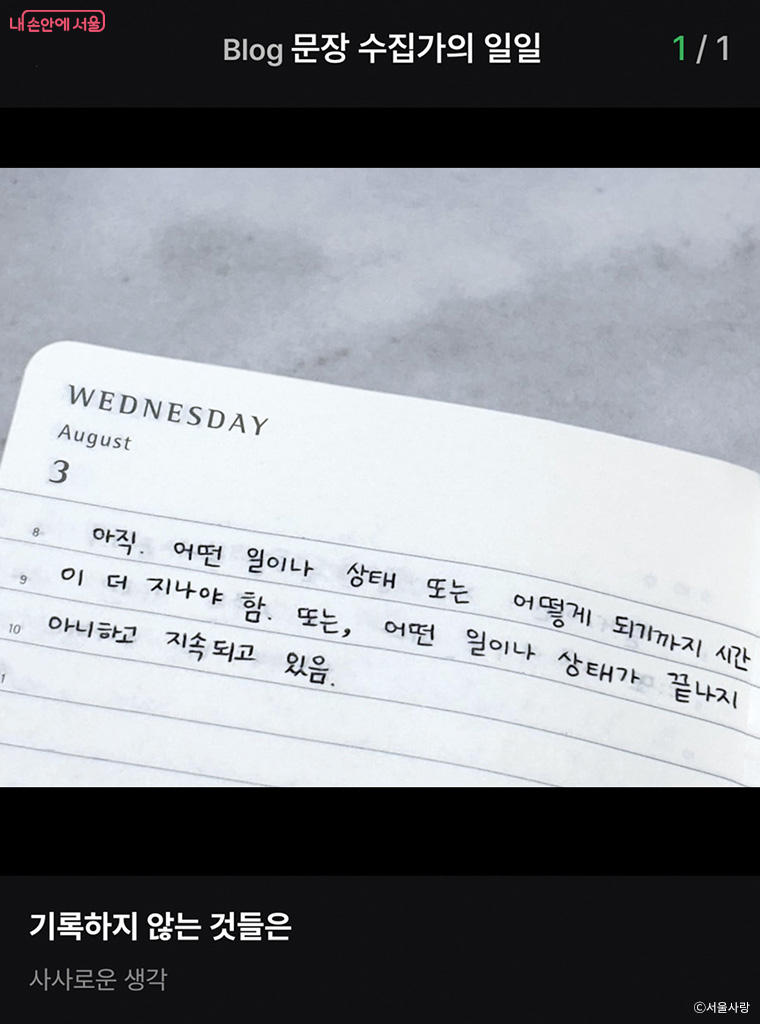 일상을 일기처럼 기록하는 ‘문장 수집가의 일일’ 블로그.
