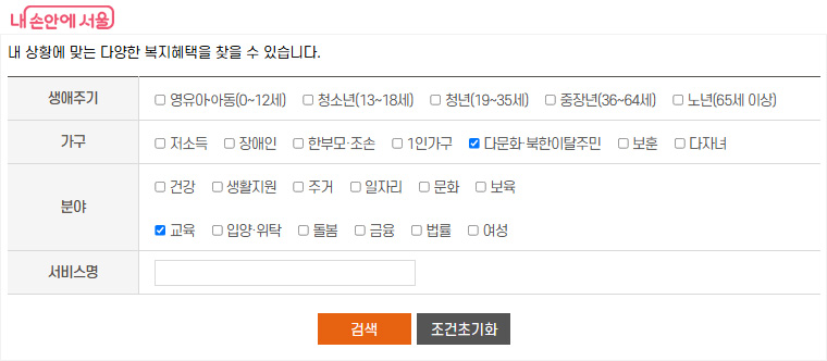 생애주기별, 가구별, 분야별 조건을 선택해 맞춤 복지서비스 검색이 가능하다.