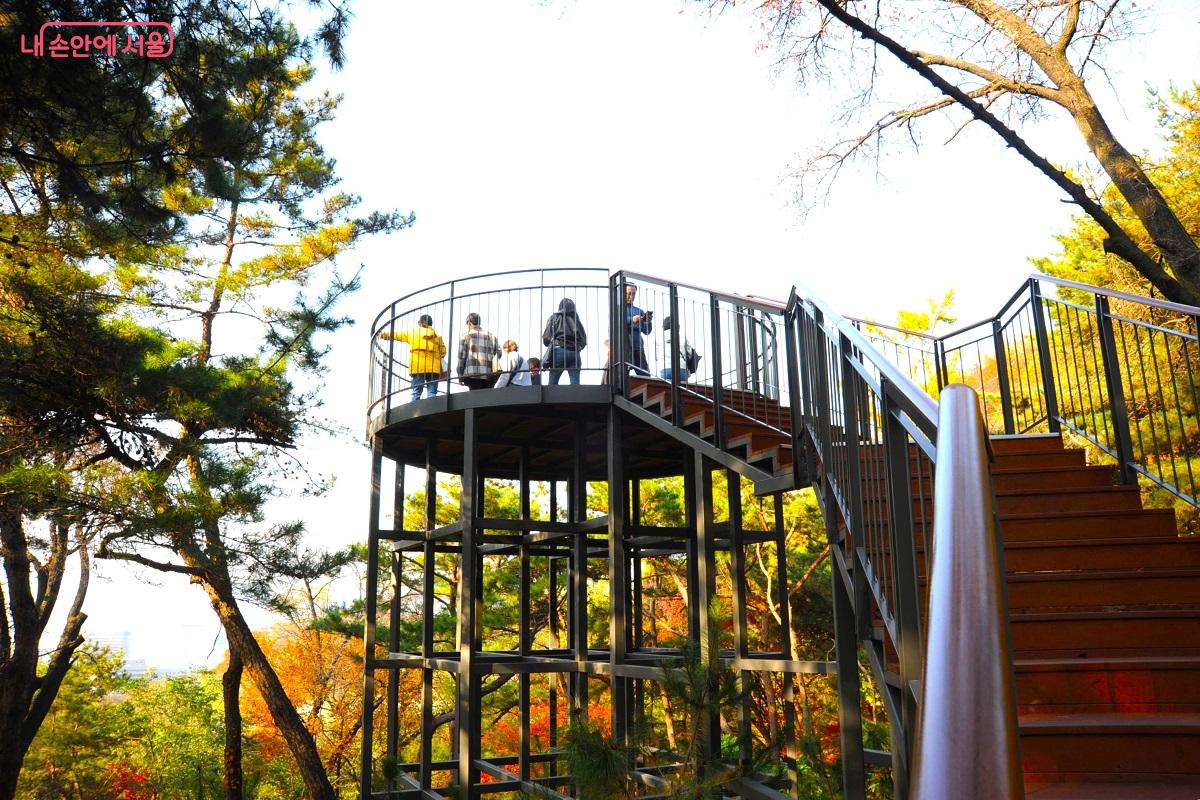 소나무 숲에 세워진 원형전망대인 ‘솔빛전망대’에서는 사방을 조망할 수 있다. ⓒ조수봉