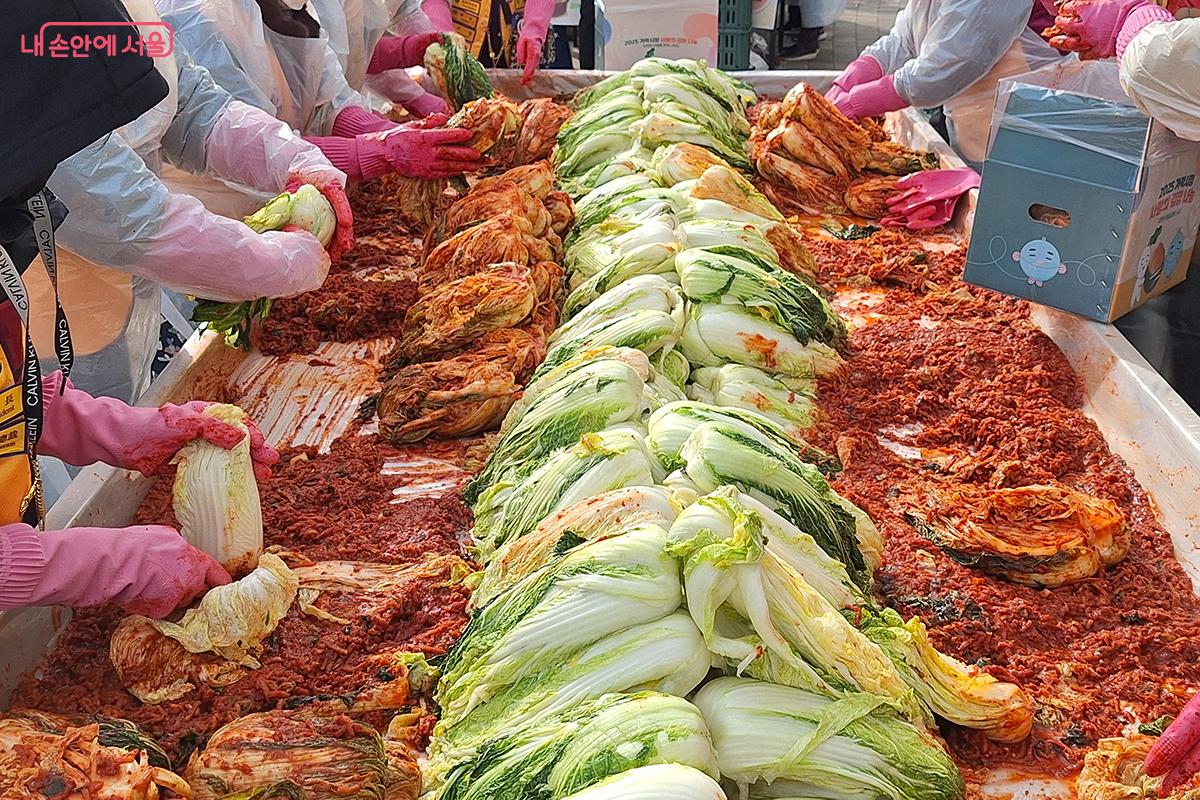 절인 배추에 국산 고추가루를 버무리며 이웃 사랑의 실천이 시작된다. &copy;정향선