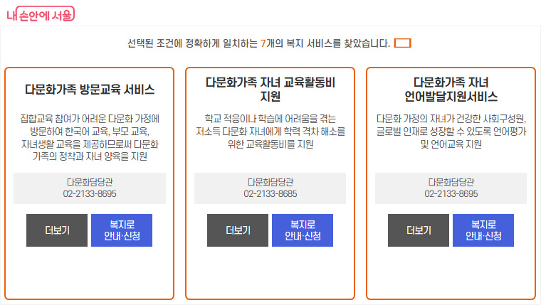 서울복지포털 내 &lsquo;복지서비스 검색&rsquo; 화면(검색 조건 모두 부합)
