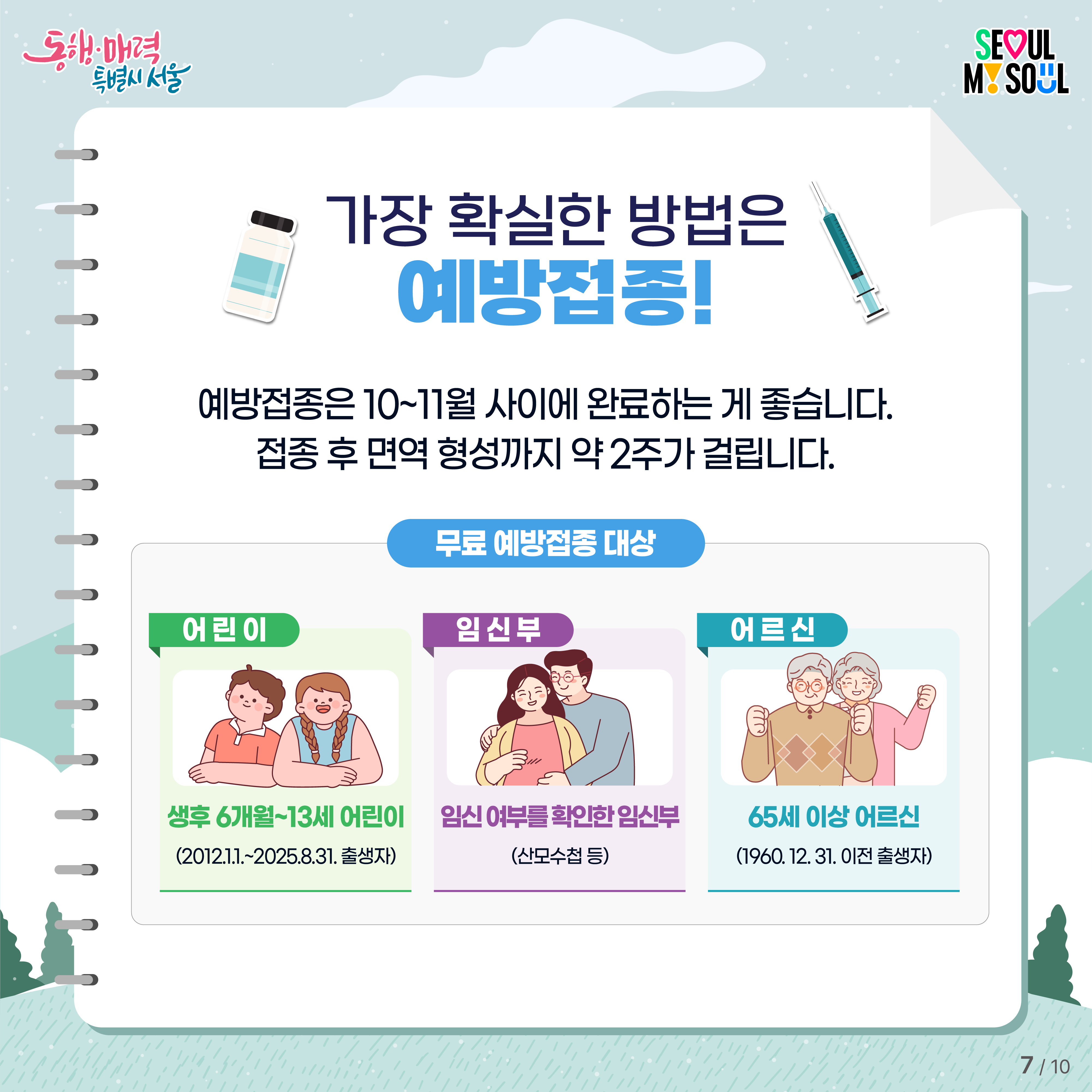 # 가장 확실한 방법은 예방접종! 예방접종은 10~11월 사이에 완료하는 게 좋습니다.접종 후 면역 형성까지 약 2주가 걸립니다.[무료 예방접종 대상]어린이: 생후 6개월~13세 어린이임신부: 임신 여부를 확인한 임신부어르신: 6세 이상 어르신 