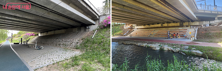 교량 하부 휴게공간 조성 전&rarr;후
