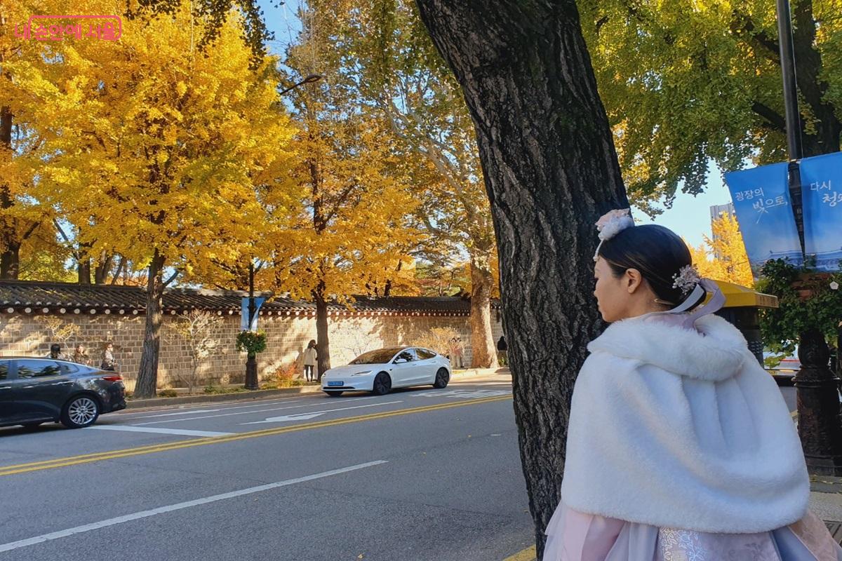 한복을 입고 한국의 가을을 담고 있는 외국인 관광객 ©김병규