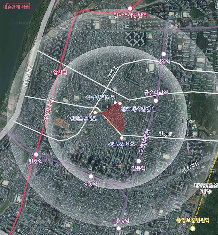 강동구 천호동 113-2번지 일대 모아타운 위치도