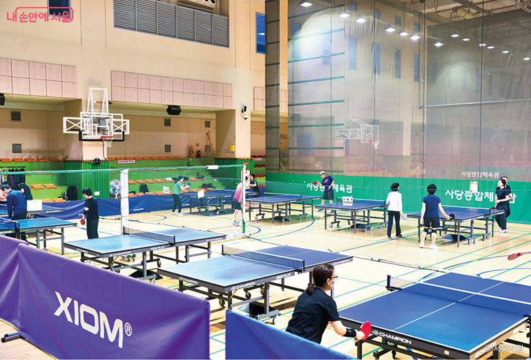 사당종합체육관에서 열심히 탁구를 치는 사람들