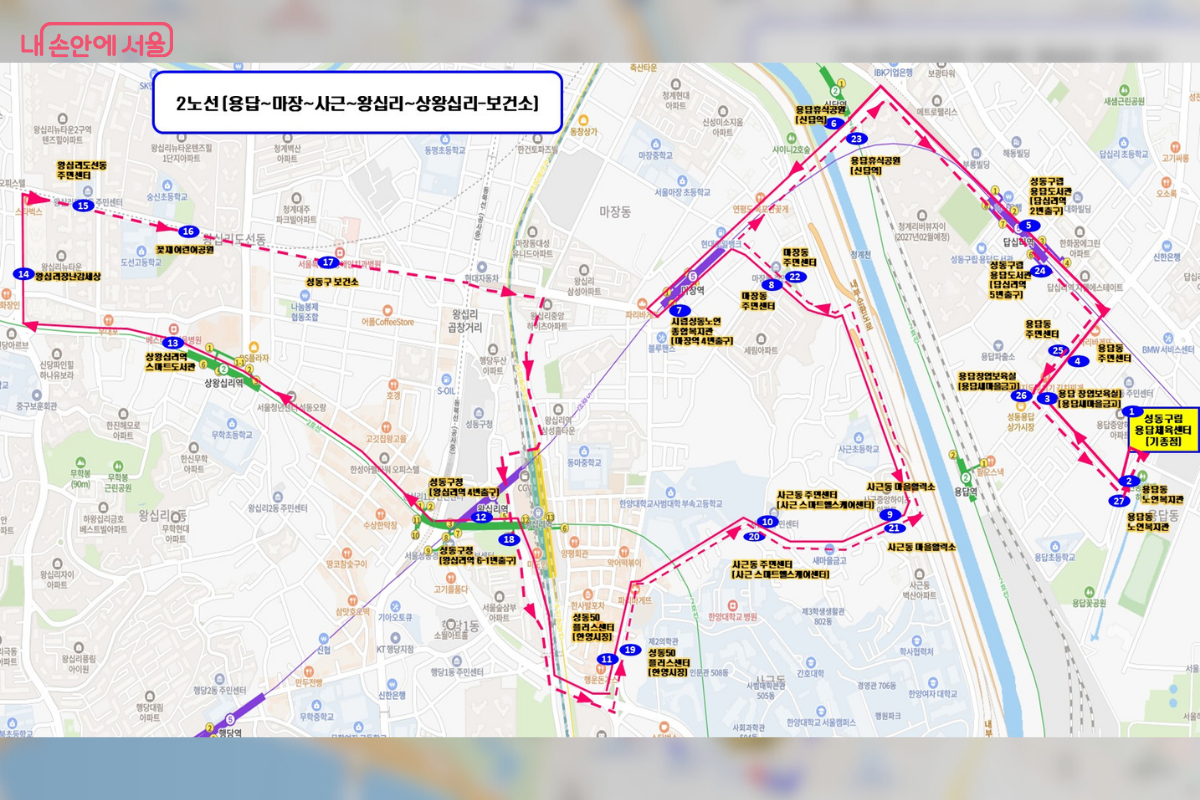 분홍색 선으로 표시된 '성공버스 2노선'의 운행 지도이다. '용답~마장~사근~왕십리~상왕십리~보건소'를 연결하는 경로가 그려져 있으며, 성동구립용답체육센터를 기점으로 마장동 주민센터, 성동구청 등을 경유하여 지역 주민들의 이동 편의를 돕는다. ©성동구청