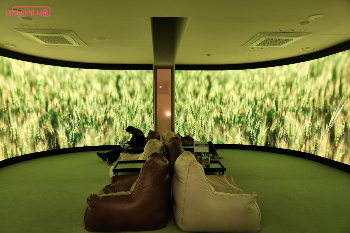 미디어라운지. 가운데 빈백이 있고 마주 보는 벽면 가득 동영상이 재생되고 있다. &copy;윤혜숙